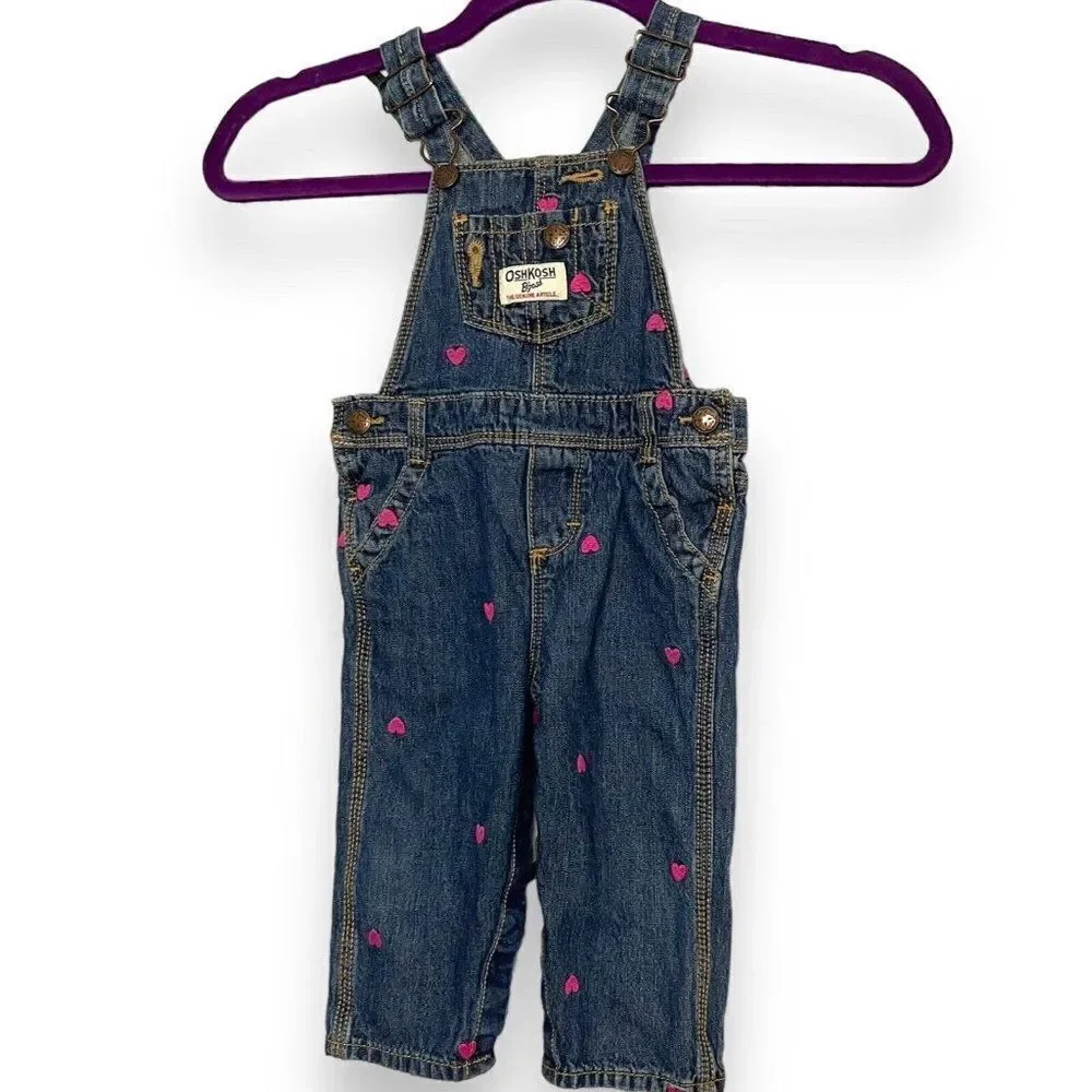 Oshkosh B'gosh Bib Overalls Baby Girls 12 Months Embroidered Hearts Adjustable